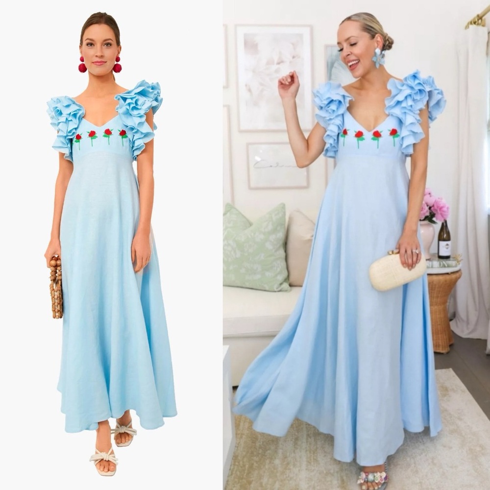 NWT Fanm Mon Demre Linen Floral Embroidered Ruffle Maxi Dress Tuckernuck